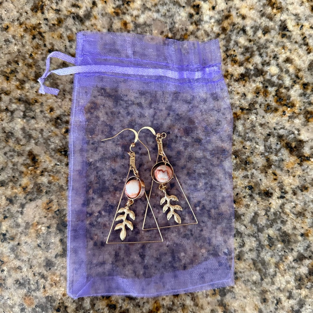 Gold Tone Pink Geometric Triangle Earrings